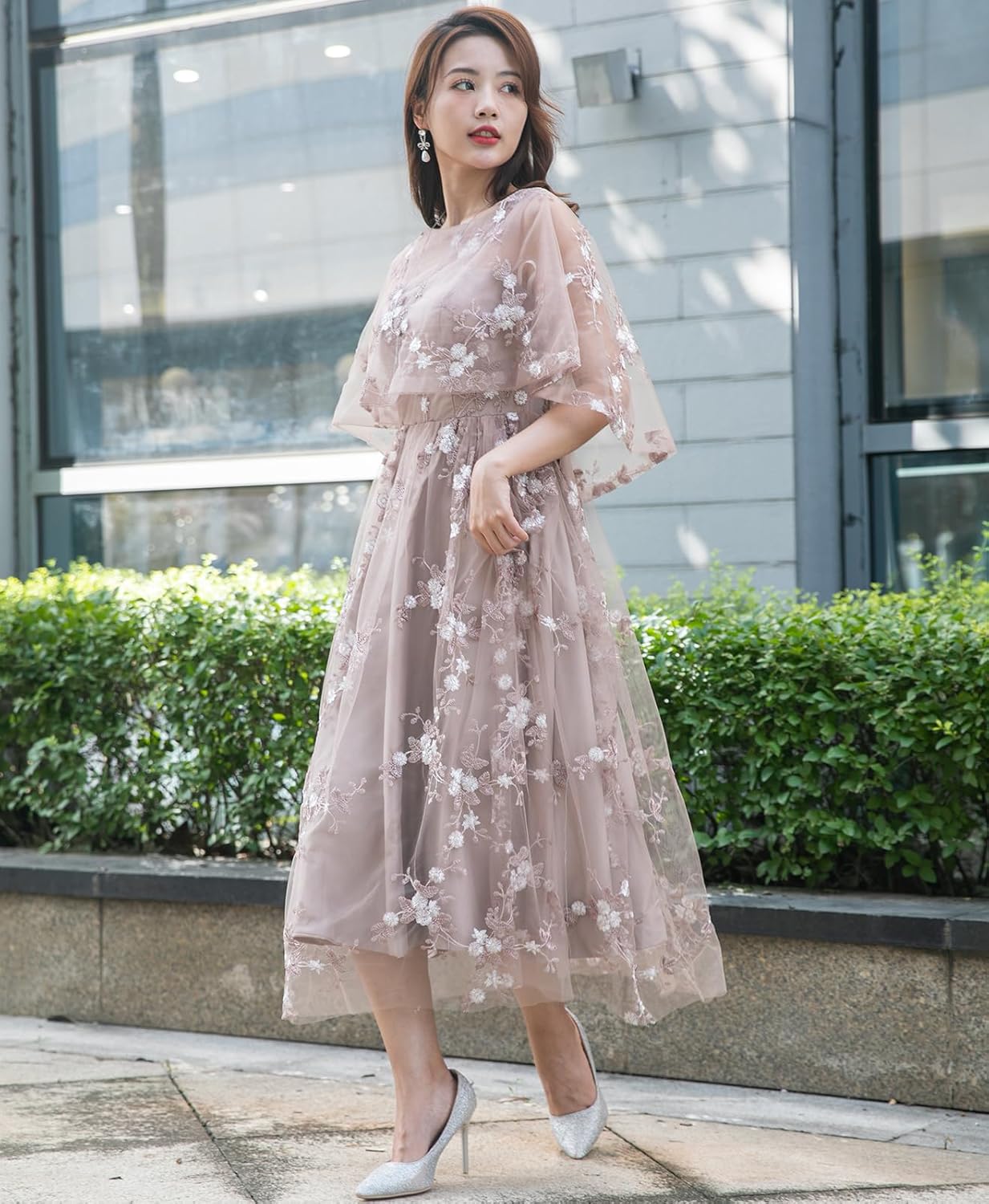 大人可愛いロング花柄ワンピース 結婚式からパーティーまで対応！4XLまで対応 結婚式・パーティー・オケージョンドレス】チュール使い花柄